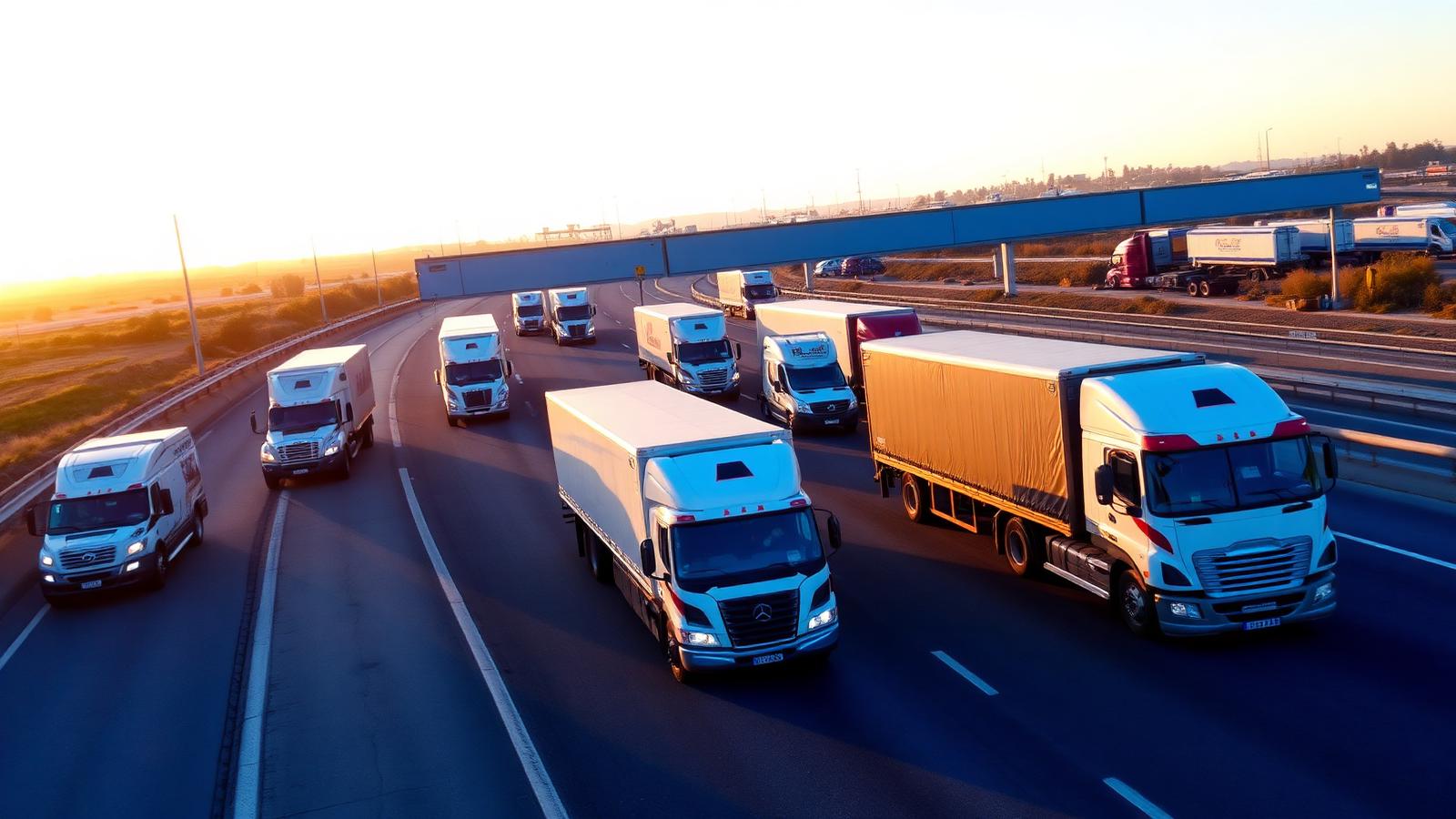 Modern fleet of trucks on highway